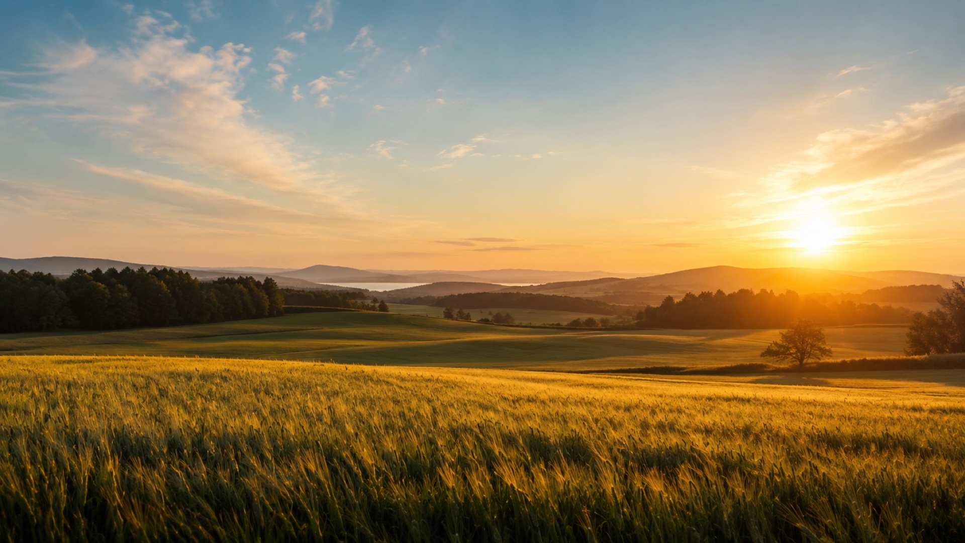 Bølgende skog- og landbrukslandskap i solnedgang